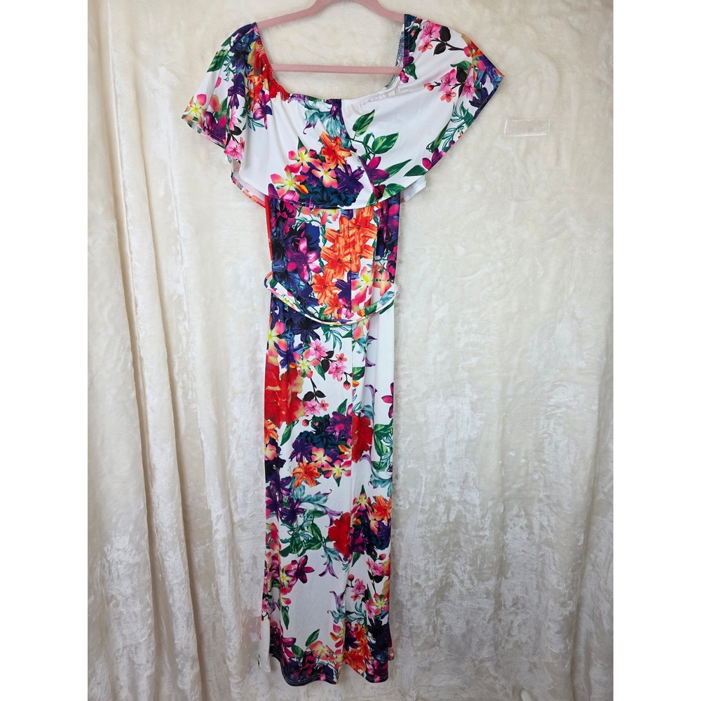Floral Off Shoulder Ruffle Jumpsuit White Multi Color Wide Leg Belted Size M